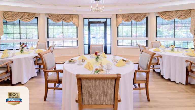 The dining area of CareOne at Redstone, a skilled nursing facility offering post-acute care in East Longmeadow, MA.