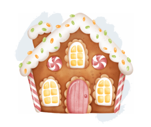 A gingerbread house with peppermint sticks and other candy bits. Making gingerbread houses is one of the best holiday activities for seniors!