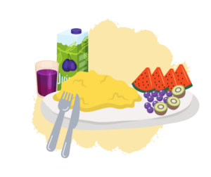 a plate with scrambled eggs and fruit with a side of prune juice