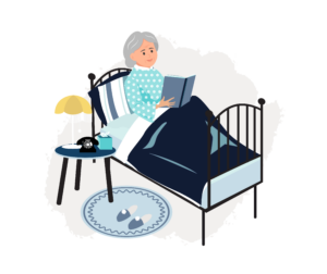 a senior woman reads in bed