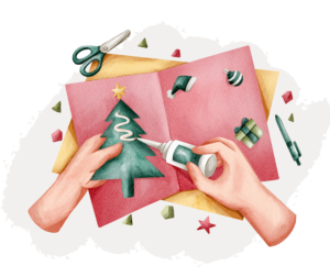 A holiday greeting card with a Christmas tree. Making greeting cards is one of the best holiday activities for seniors.